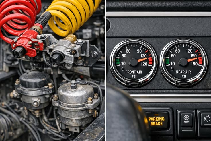 Air brake topics on cdl test questions and answers including brake lag and air pressure gauges