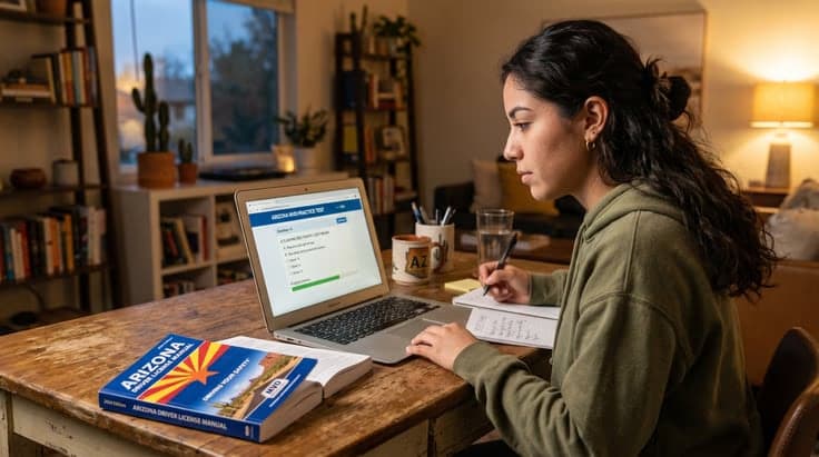 New resident studying for the Arizona driver's license practice test with the MVD handbook on a laptop