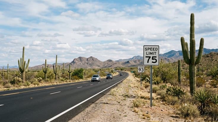 Arizona desert highway with 75 mph speed limit sign, illustrating Arizona driving laws