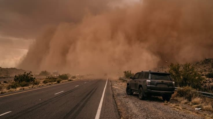Car pulled off highway during an Arizona dust storm, with zero visibility and lights off for safety