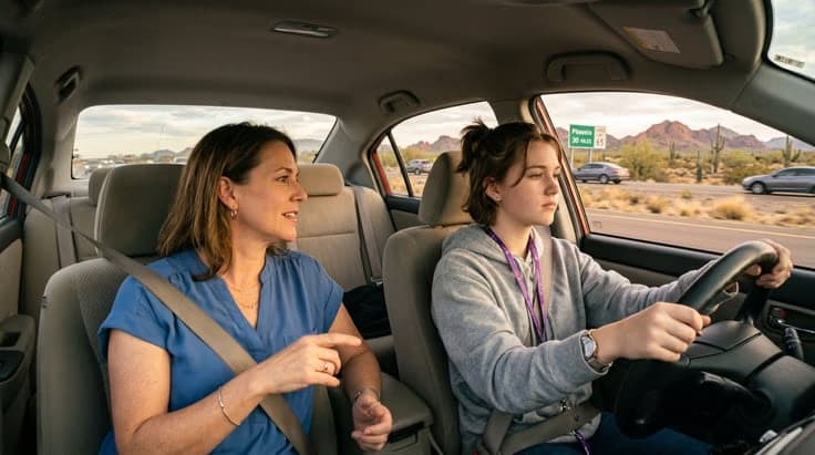 Young driver with a parent supervisor logging supervised driving hours after passing the Arizona permit test