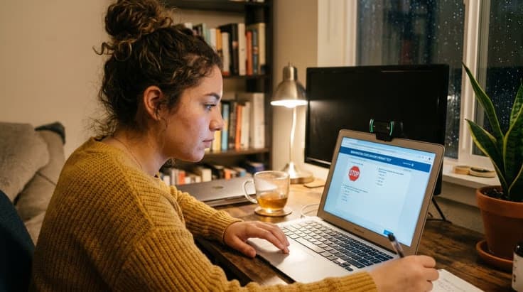Student taking the Arizona permit test online with a webcam and laptop in a quiet room