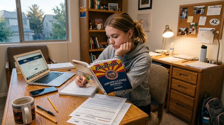 Young person preparing for the Arizona permit test by studying the driver's manual and documents