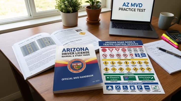Arizona permit test study scene with handbook and road signs