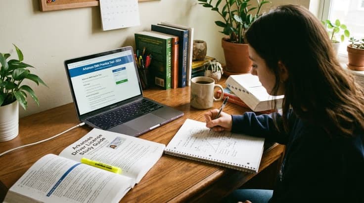 Person preparing for Arkansas driver's permit test using a handbook and DMV practice test to study right-of-way rules