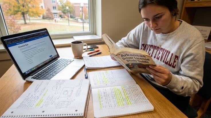 Student studying for the Arkansas permit test with the AR driving test book and practice materials