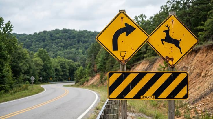 Arkansas road signs including curve warnings and hazard signs studied for the AR driving test