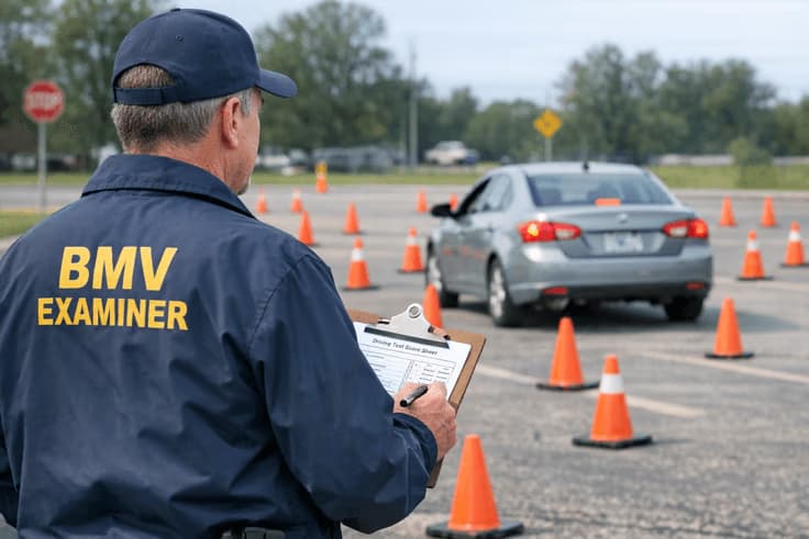 BMV maneuverability test Ohio examiner scoring a driver during the cone course
