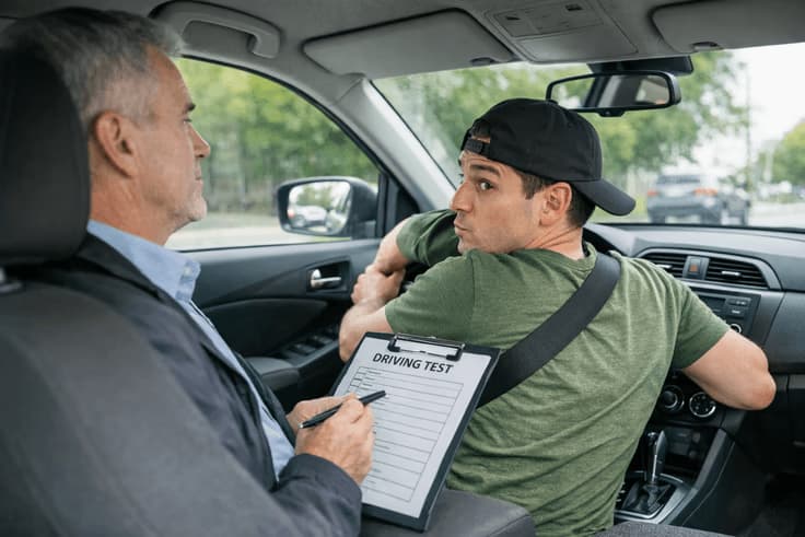 Behind-the-wheel California driving test with examiner watching blind-spot checks for the CA DMV driving test