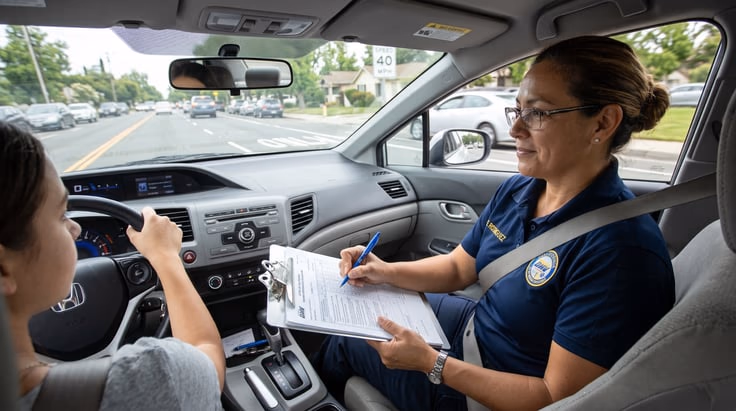 California behind-the-wheel driving test examiner checking car before road test
