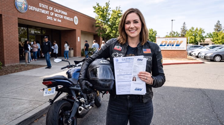 California DMV motorcycle license application process with rider holding helmet and paperwork