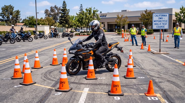 California DMV motorcycle riding skills test with cones for slow-speed control and turning