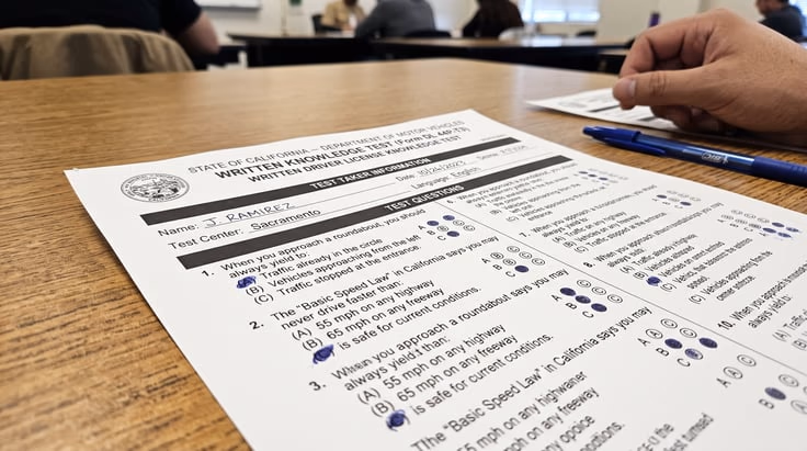 California driving test written exam answer sheet with multiple choice questions