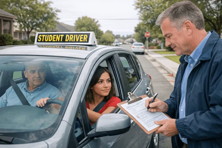 CA DMV driving test in progress, with examiner scoring for the California driving test