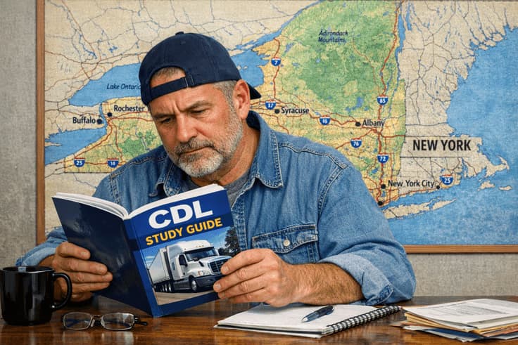 Driver preparing for CDL general knowledge practice test NY by studying the commercial driver handbook