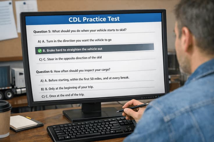 Applicant taking a CDL practice test general knowledge NY online to prepare for the permit exam