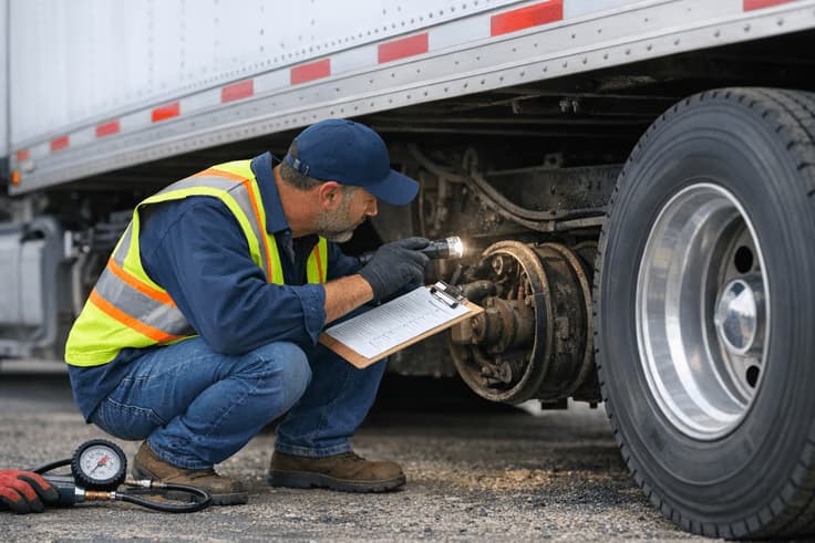 Driver conducting air brake pre-trip inspection for cdl b permit practice test ny preparation