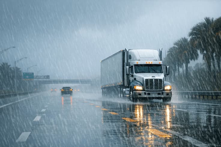 Road safety scenarios on the CDL general knowledge test in Florida like following distance in rain