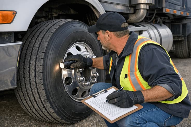 CDL driver conducting pre-trip inspection on a commercial vehicle, a key topic on the NY CDL general knowledge test