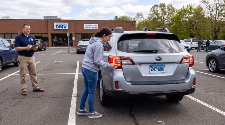 Checking brake lights and turn signals before a Connecticut DMV driving test