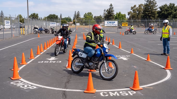 California Motorcyclist Safety Program CMSP motorcycle training course riders practicing on closed range