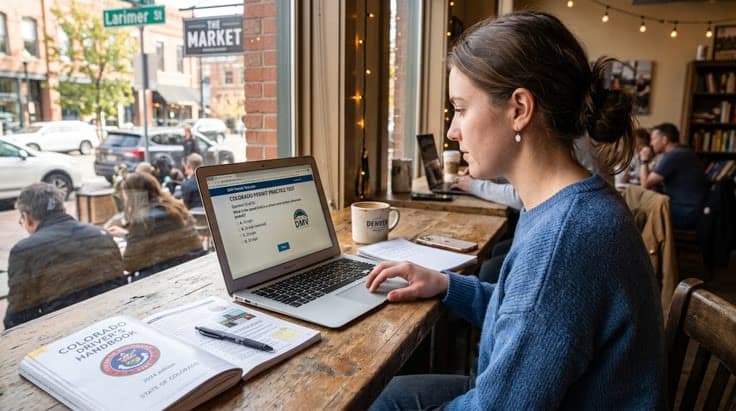 Colorado permit practice test on a laptop screen with driver's handbook