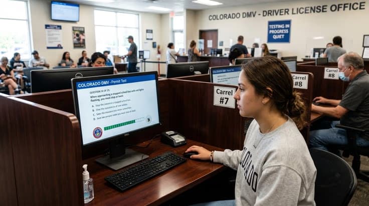 Person taking the Colorado permit test at a DMV office