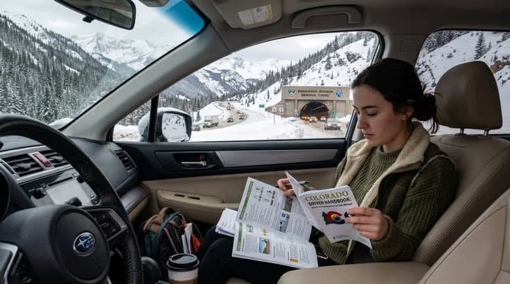 Person studying Colorado permit test for snow and ice driving