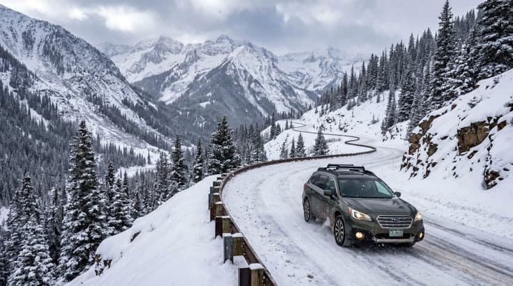 Winter driving on a Colorado mountain pass, preparation for permit test