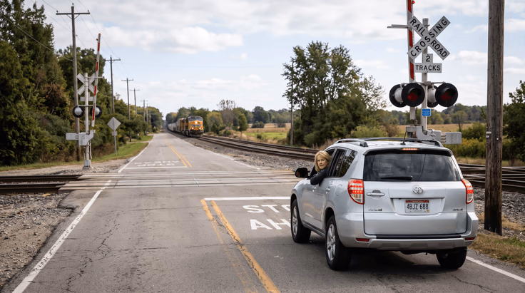 Driver following crossbuck road sign rules and stopping at railroad crossing