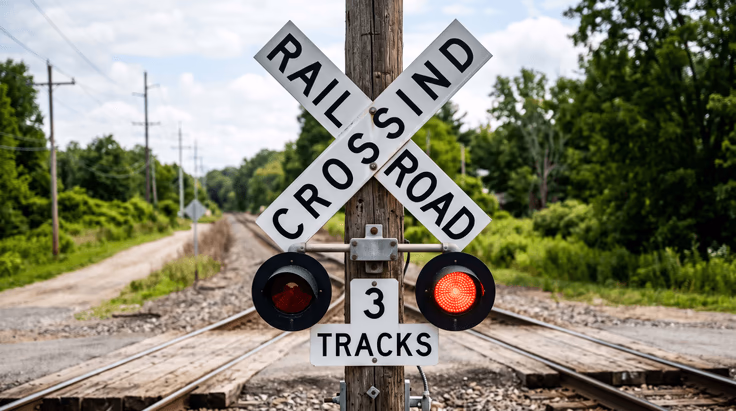 Crossbuck sign meaning yield with red flashing lights and gate at railroad crossing