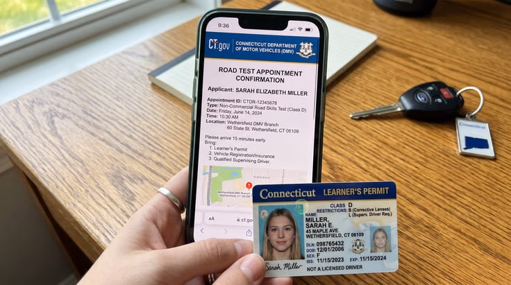 Screenshot of Connecticut DMV road test appointment confirmation on smartphone