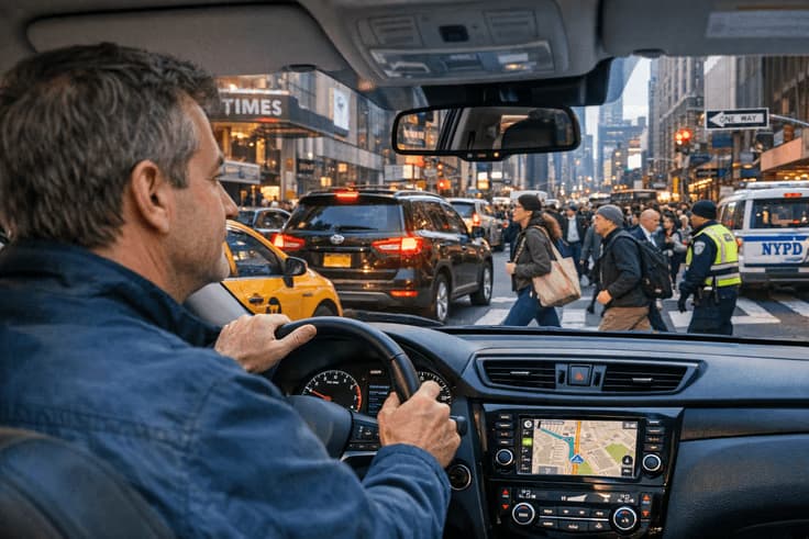 Defensive driving in NYC traffic with cars honking and pedestrians crossing the street