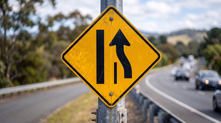 Divided highway ends road sign shape yellow diamond with converging lanes