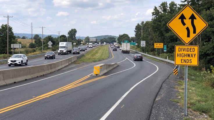 Divided highway ends sign meaning warning median is about to disappear
