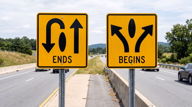 Divided highway ends sign converging lanes versus begins sign splitting lanes