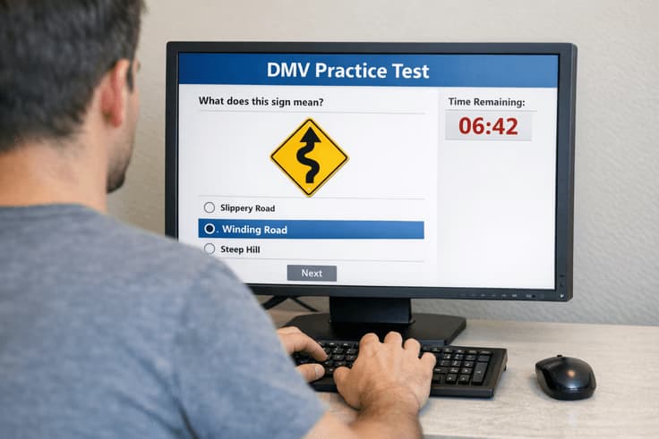Simulating real DMV Illinois practice test conditions by taking a timed exam without notes