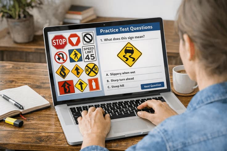 Studying for the DMV NY online permit test with practice questions on laptop