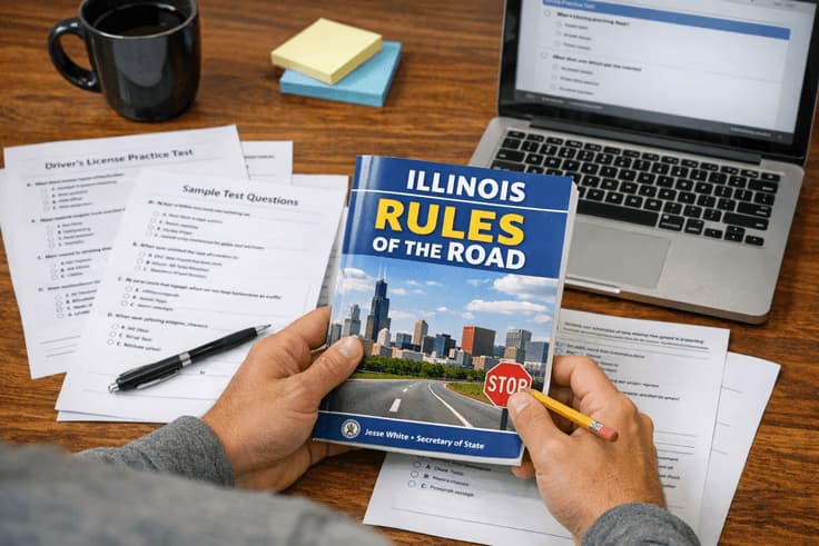 Studying for the DMV written test in Illinois with the Rules of the Road handbook and practice tests