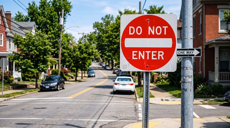 Do Not Enter sign at a street entrance, white square with red circle and white horizontal bar