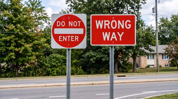 Do Not Enter sign vs Wrong Way sign: white square with red circle versus red rectangle with white text