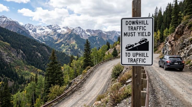 Downhill yields to uphill sign, important for colorado road signs practice test and safe mountain driving