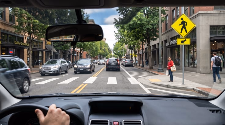 Driver slowing for pedestrian crossing sign at urban crosswalk