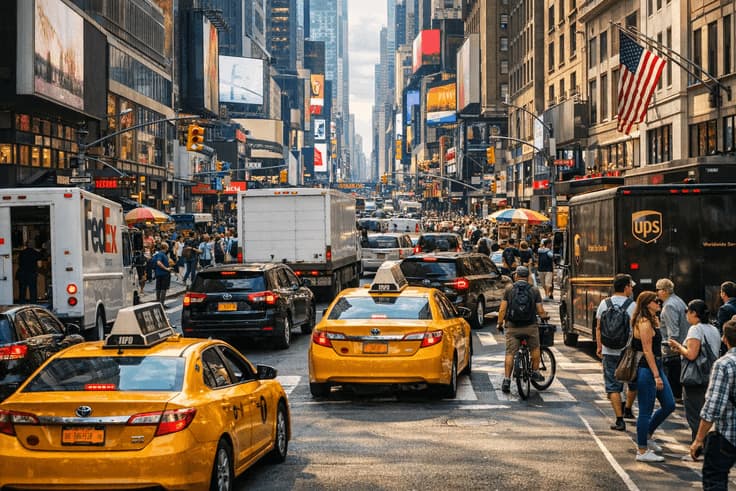 Driving in NYC with heavy traffic, taxis, and pedestrians on a busy Manhattan street