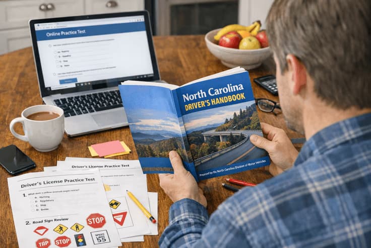 Student studying NC driving test practice materials for right-of-way rules