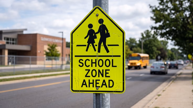 Five-sided school zone sign shape and fluorescent yellow-green color with two children walking symbol