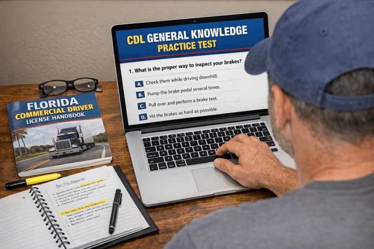 Driver preparing for Florida CDL test questions with a CDL general knowledge practice test Florida routine