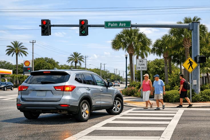 Practicing proper turning techniques for the Florida road test, including signaling and checking for pedestrians