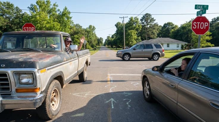 Illustration of Arkansas four-way stop right-of-way rule: first vehicle to arrive goes first, then right, left-turning driver yields