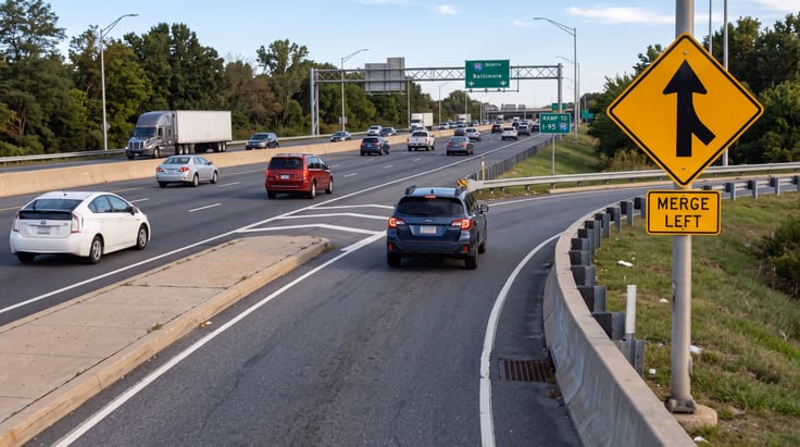 Freeway on-ramp with yellow merge sign warning of merging traffic